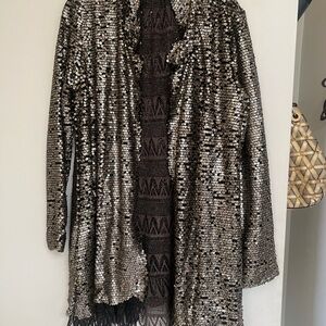 Free People Stardust Gold Tarnished Sequin Lace Boho Jacket Blazer L